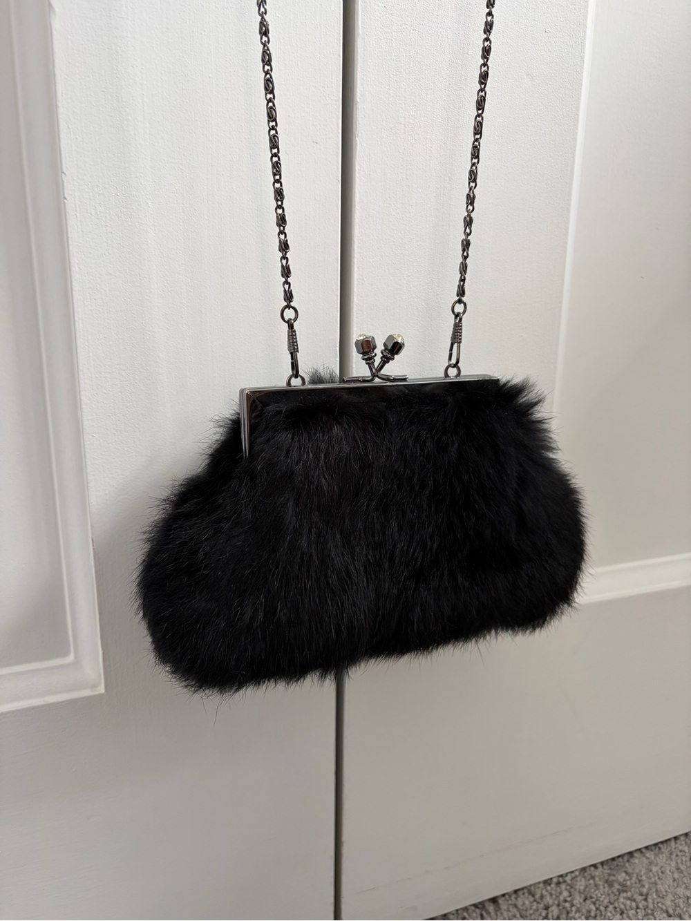 Vintage 90s Black Rabbit Hair Clutch with Removable Strap